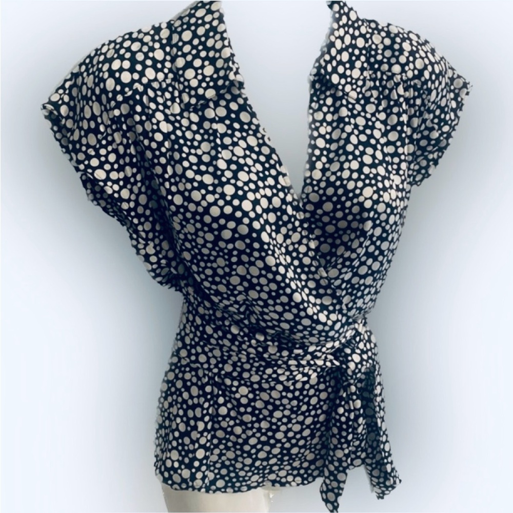 Doncaster SILK Wrap Top XS 2 Navy Blue White Polka Dot Belt Sash Career Stretch - Picture 2 of 6